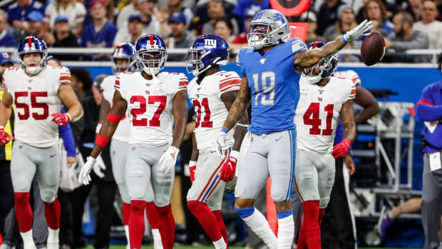 Lions receiver Kenny Golladay celebrates a first down against the Giants at Ford Field, Oct. 27, 2019.